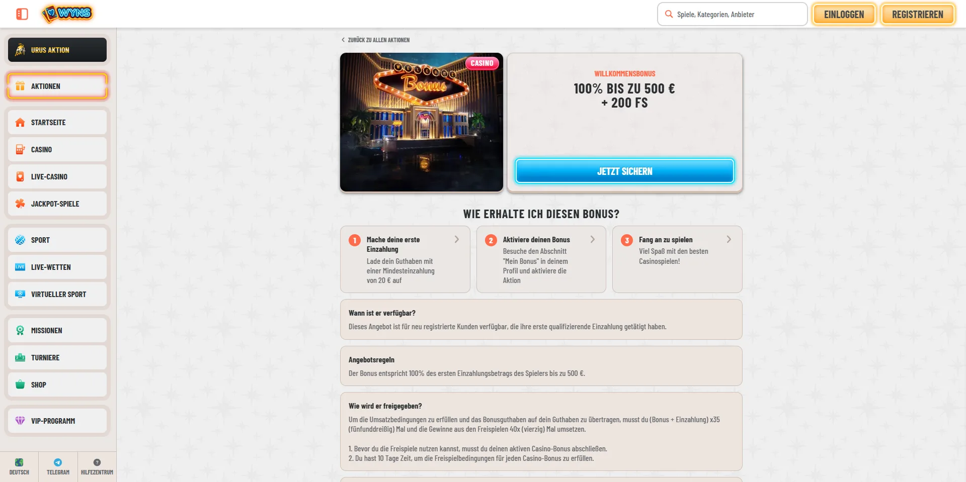 Offizielle Wyns-Willkommensbonus-Seite mit Bonusheadline und Bedingungen