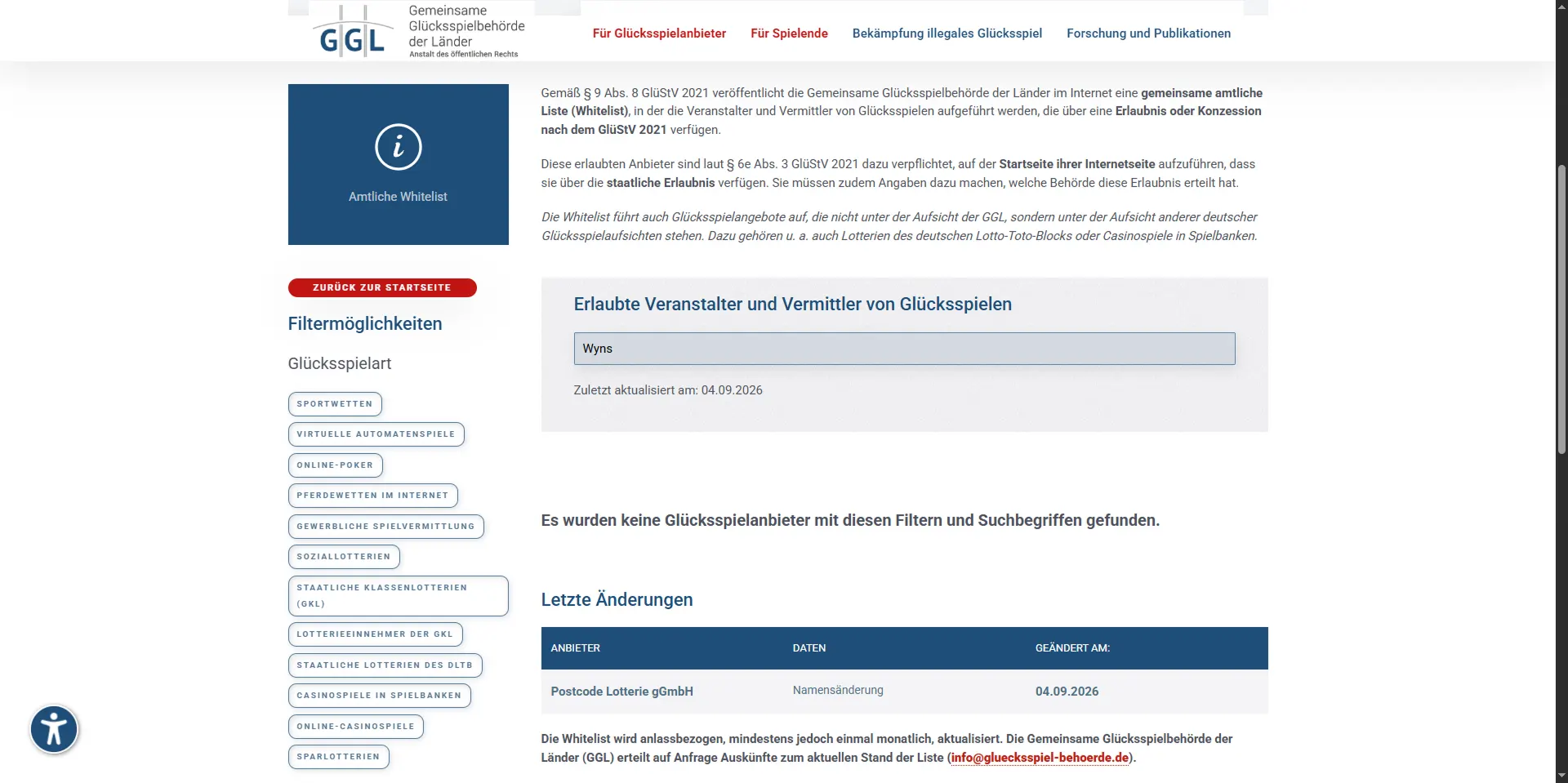 Originalaufnahme der amtlichen GGL-Whitelist für die Prüfung von Wyns und Dreamline Ventures