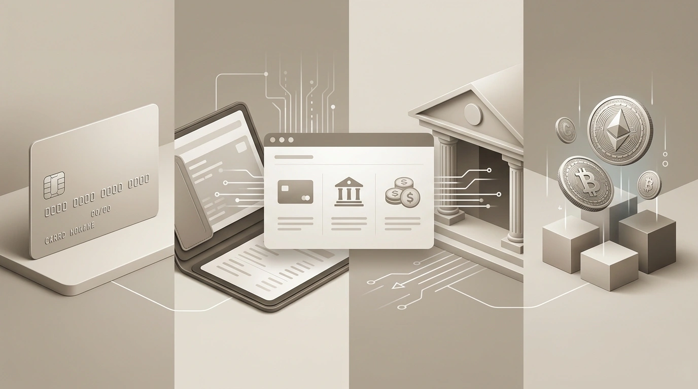 Neutrale Illustration zu Karten, E-Wallets, Banktransfer und Kryptowährungen