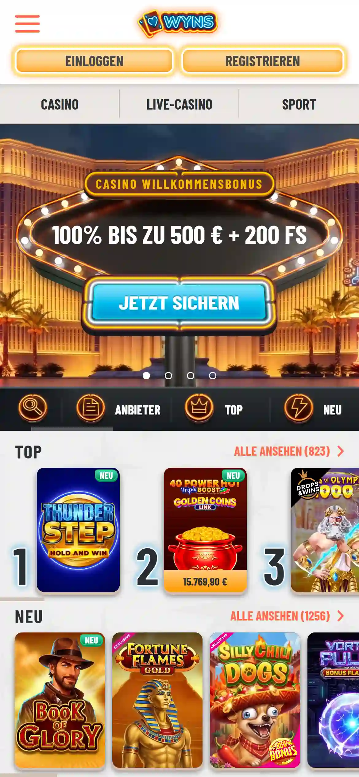 Wyns-Startseite in einer realen mobilen Browseransicht