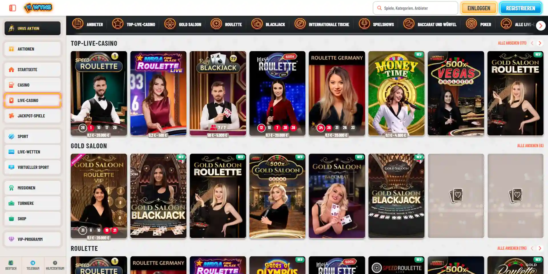 Aktuelle Live-Casino-Kategorie von Wyns mit realen Live-Spielkarten