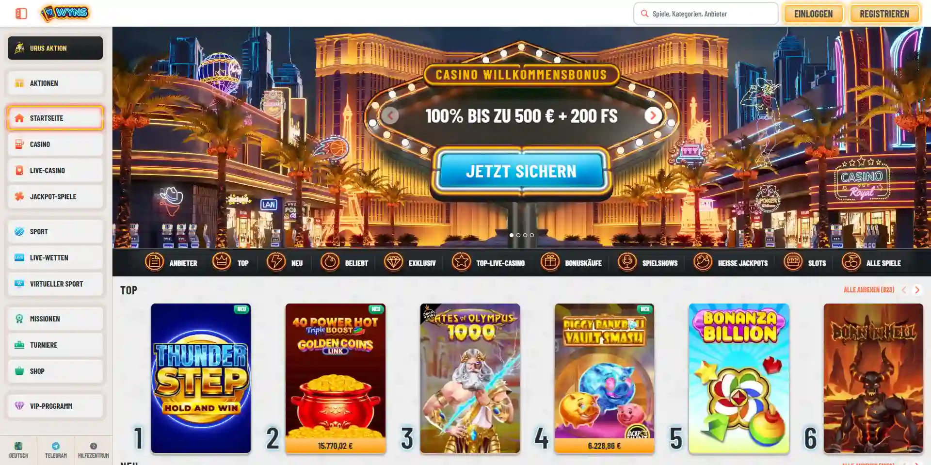 Originalaufnahme der aktuellen Wyns Startseite mit Spielnavigation